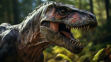 Close-up photo of a Tyrannosaurus Rex looking in their habitat. Generative AI