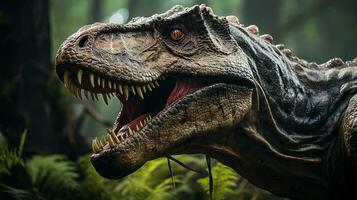 Close-up photo of a Tyrannosaurus Rex looking in their habitat. Generative AI