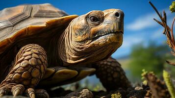 Close-up photo of a Tortoise looking in their habitat. Generative AI