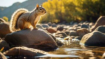 Close-up photo of a Squirrel looking in their habitat. Generative AI