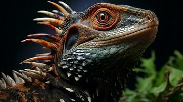 Close-up photo of a Tegu Lizard looking in their habitat. Generative AI