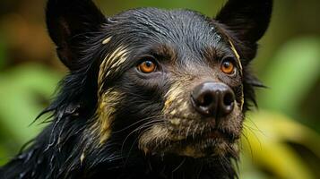 de cerca foto de un tasmania diablo mirando ninguna dirección en selva. generativo ai