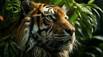 Close-up photo of a Tiger looking any direction on jungle. Generative AI