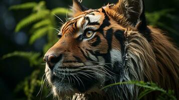 Close-up photo of a Tiger looking any direction on jungle. Generative AI