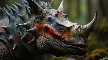 Close-up photo of a Triceratops looking in their habitat. Generative AI