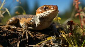 Close-up photo of a Skink looking in their habitat. Generative AI