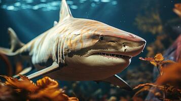 Close-up photo of a Shark looking any direction. Generative AI