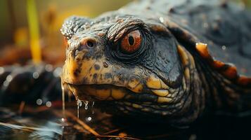 Close-up photo of a Snapping Turtle looking in their habitat. Generative AI