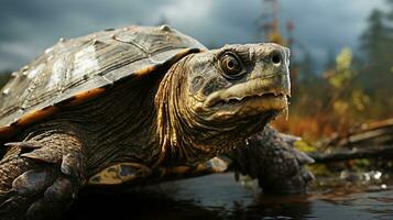 Close-up photo of a Snapping Turtle looking in their habitat. Generative AI