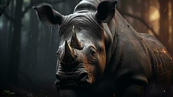 Close-up photo of a Rhinoceros looking any direction on jungle. Generative AI