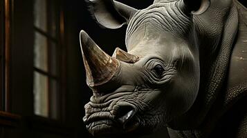 Close-up photo of a Rhinoceros looking any direction on jungle. Generative AI