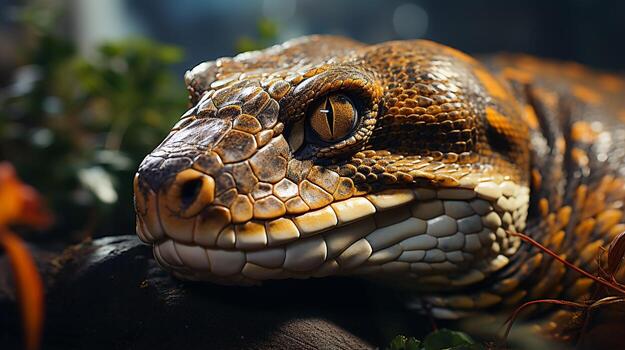 Close-up photo of a Python looking in their habitat. Generative AI