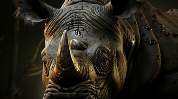 Close-up photo of a Rhinoceros looking any direction on jungle. Generative AI