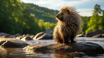 Close-up photo of a Porcupine looking in their habitat. Generative AI