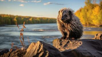 Close-up photo of a Porcupine looking in their habitat. Generative AI