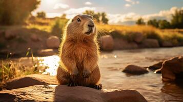 Close-up photo of a Prairie Dog looking in their habitat. Generative AI