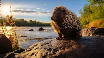 Close-up photo of a Porcupine looking in their habitat. Generative AI