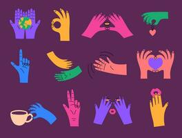 Cartoon Groovy Hippie Colorful Hand Set. Vector
