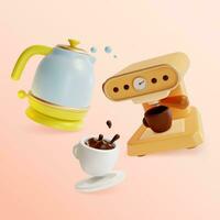 3d Kitchen Concept Cartoon Style Coffee Machine and Electric Kettle. Vector