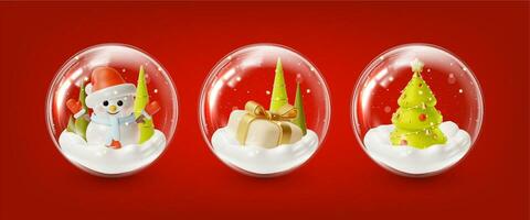 3d Merry Christmas and Happy New Year Concept Glass Ball Set Cartoon Style. Vector