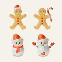 3d Merry Christmas and Happy New Year Concept Snowman Character and Gingerbread Man Set Cartoon Style. Vector