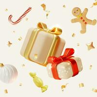 3d Merry Christmas and Happy New Year Concept Background with Flying Xmas Gift Boxes Cartoon Style. Vector