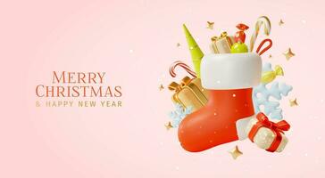 3d Merry Christmas and Happy New Year Placard Poster Banner Card Template with Red Sock Cartoon Style. Vector