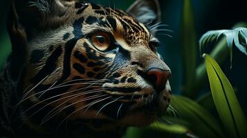 Close-up photo of a Ocelot looking any direction on jungle. Generative AI