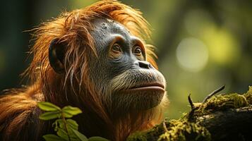 Close-up photo of a Orangutan looking any direction on jungle. Generative AI