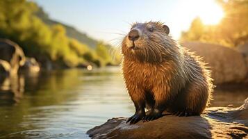 de cerca foto de un nutria mirando en su hábitat. generativo ai