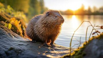 Close-up photo of a Muskrat looking in their habitat. Generative AI