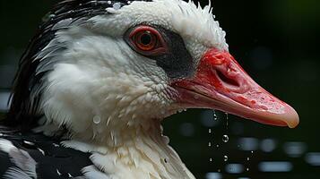 Close-up photo of a Muscovy Duck looking any direction. Generative AI