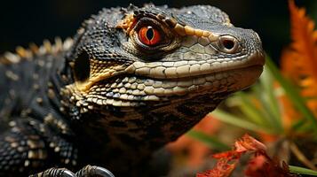 Close-up photo of a Monitor Lizard looking in their habitat. Generative AI
