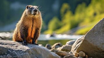 Close-up photo of a Marmot looking in their habitat. Generative AI