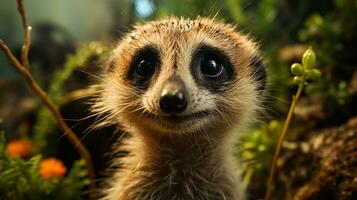 Close-up photo of a Meerkat looking any direction on jungle. Generative AI