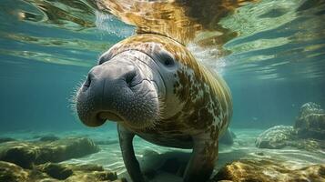 Close-up photo of a Manatee looking any direction. Generative AI