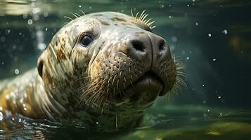 Close-up photo of a Manatee looking any direction. Generative AI