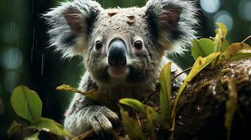 de cerca foto de un coala mirando ninguna dirección en selva. generativo ai