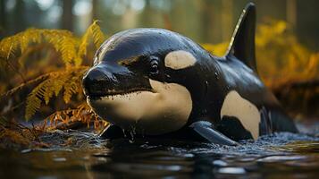 Close-up photo of a Killer Whale looking any direction. Generative AI