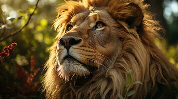 de cerca foto de un león mirando ninguna dirección en selva. generativo ai
