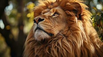 de cerca foto de un león mirando ninguna dirección en selva. generativo ai