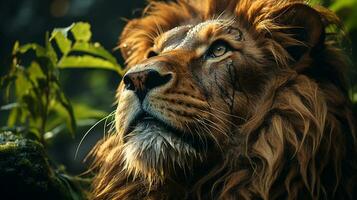 de cerca foto de un león mirando ninguna dirección en selva. generativo ai