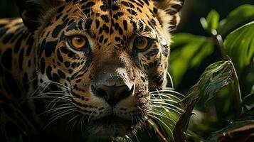 Close-up photo of a Jaguar looking any direction on jungle. Generative AI