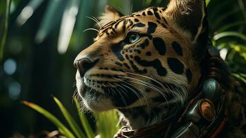 Close-up photo of a Jaguar looking any direction on jungle. Generative AI