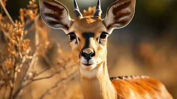 Close-up photo of a Impala looking any direction. Generative AI