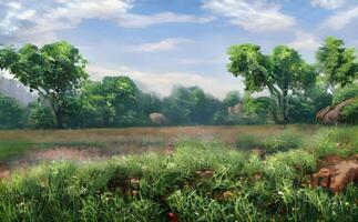 A landscape of a grassy field with trees and rocks, photo