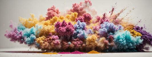 Abstract powder splatted background. Colorful powder explosion on white background. Colored cloud. Colorful dust explode. Paint Holi. AI generated photo