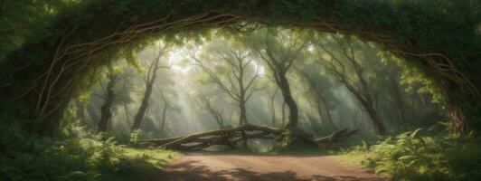 Natural archway shaped by branches in the forest. AI generated photo