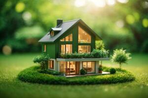 Copy space of home and life concept. Small model home on green grass with sunlight abstract background.. AI generated photo