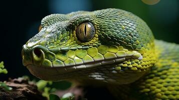 Close-up photo of a Green Tree Python looking in their habitat. Generative AI